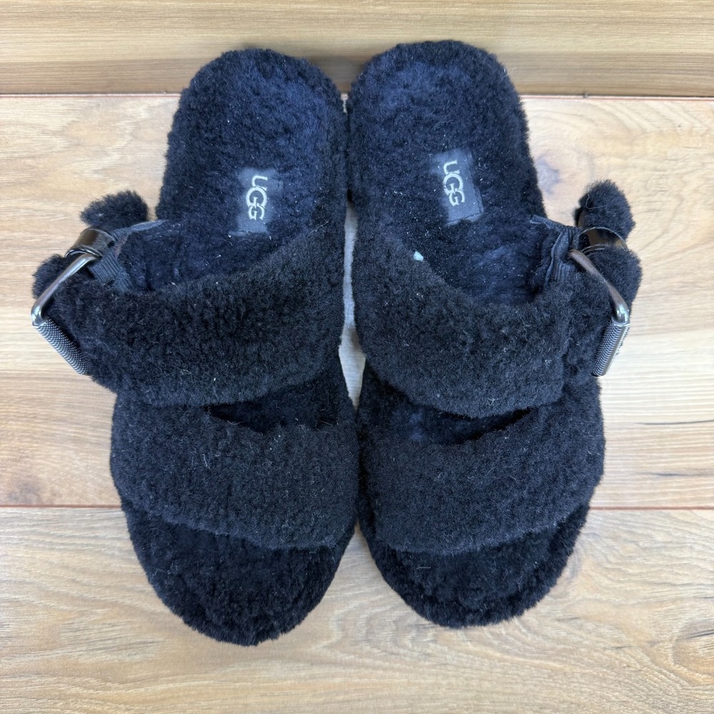 UGG Fuzz Yeah Slippers Womens 6 Black Faux Sherpa Chunk Sandals Slip On
